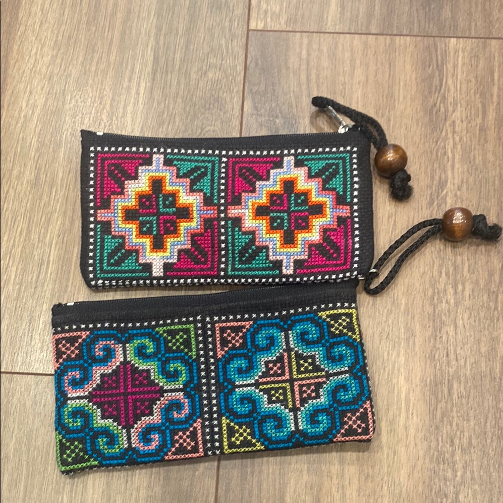 Pair Of Colorful Embroidered Geometric Patterned Coin Purses